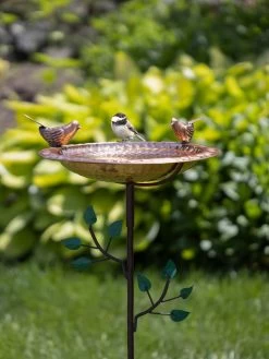 Pure Copper Bird Bath With Two Copper Birds And Tree Multipronged Garden Pole