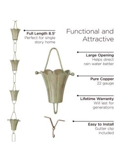 Fluted Flower Pure Copper Rain Chain, 8.5' -Charming Outdoors Shop 8612742 03v