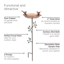Pure Copper Bird Bath With Two Copper Birds And Tree Multipronged Garden Pole -Charming Outdoors Shop 8613379 07v